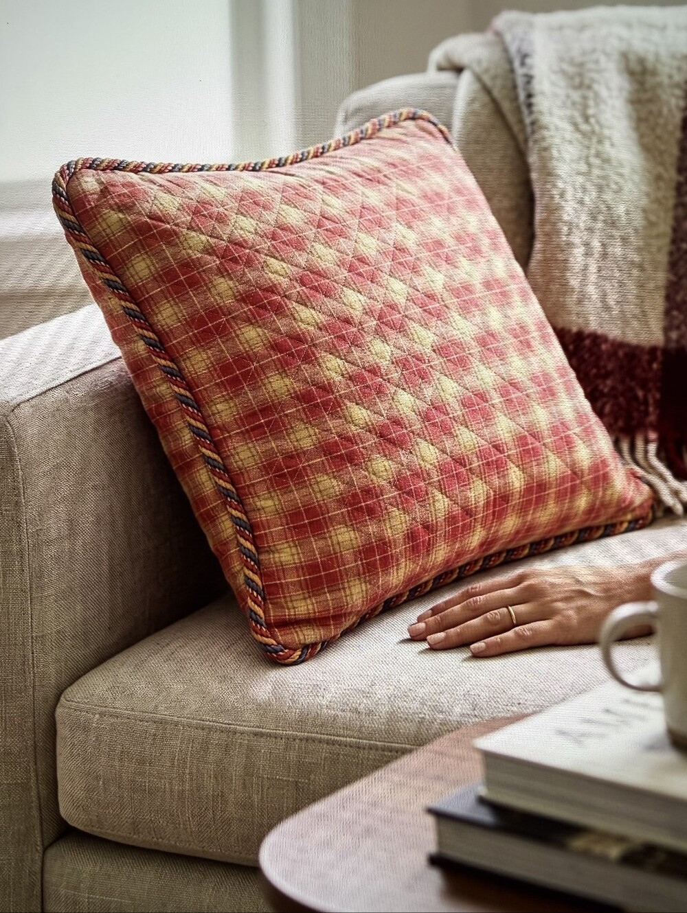 Red Plaid Quilted Accent Seat Cushion with Multicolor Rope Trim